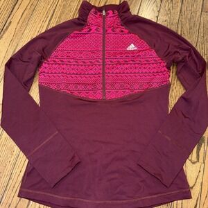 Adidas Climawarm Pullover Womens M Burgundy Pink Zip Neck Top Long sleeve